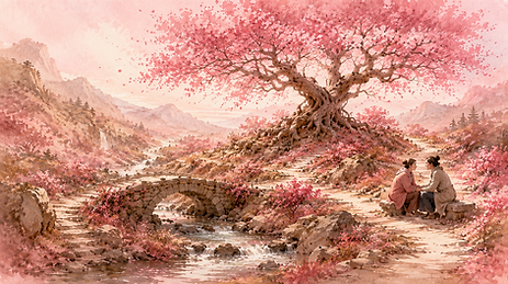 Two people sit under a blossoming pink tree in a landscape.