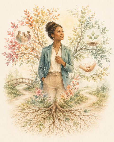 Woman standing amidst a tree of life with roots and icons.