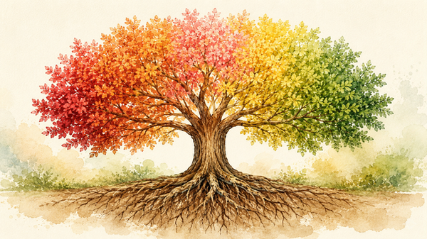 Watercolor tree with rainbow leaves and deep roots.