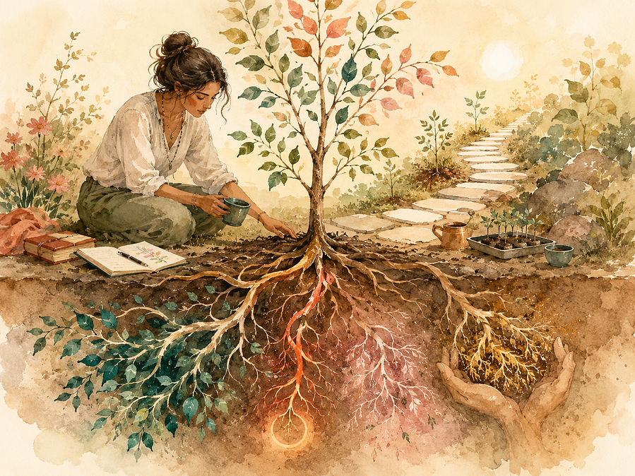 Woman tending a tree with deep roots and buried memories.