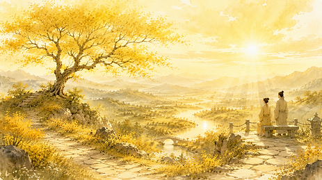 People at sunset overlooking a river ecosystem valley