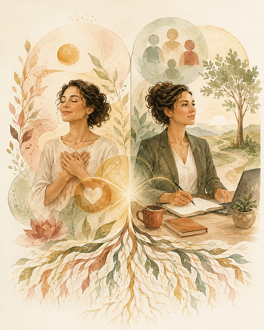 Illustration of a woman balancing mindfulness and work.
