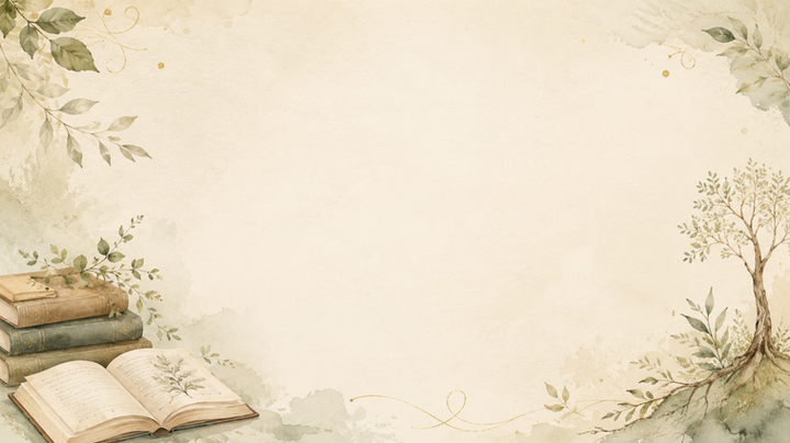 Watercolor background with books, foliage, and a tree