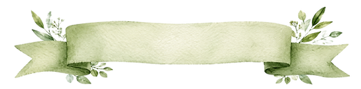 Green watercolor ribbon banner with botanical leaf accents.