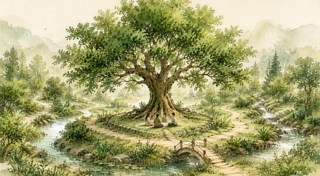 Three figures sit under a large tree by a river bridge.