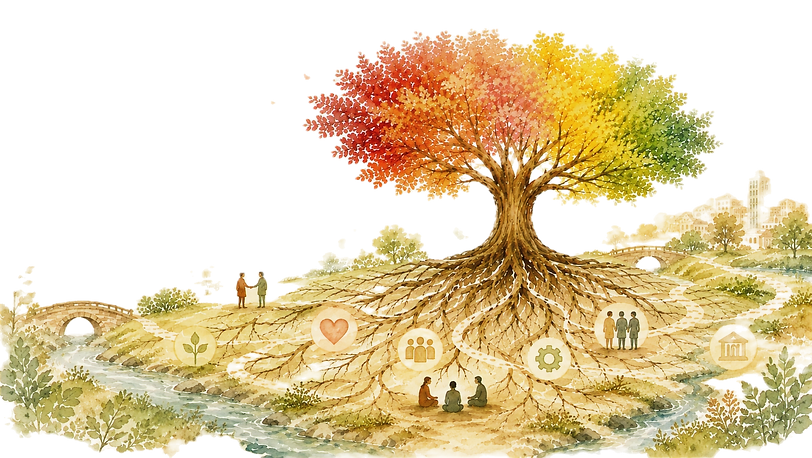 Illustrated tree with colorful leaves representing the ecosystem