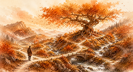 Solitary traveler facing a giant autumn tree in an ecosystem.