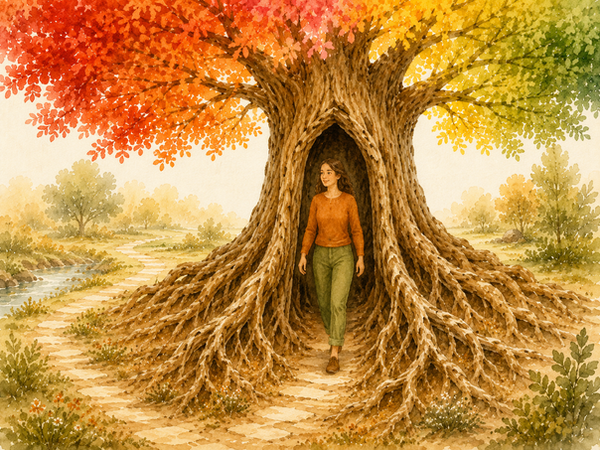 Woman walking out from a large tree with rainbow leaves