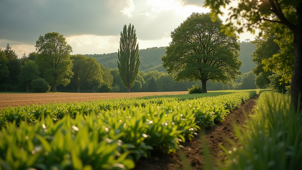 Eye-level view of a mixed agroforestry farm with trees and crops