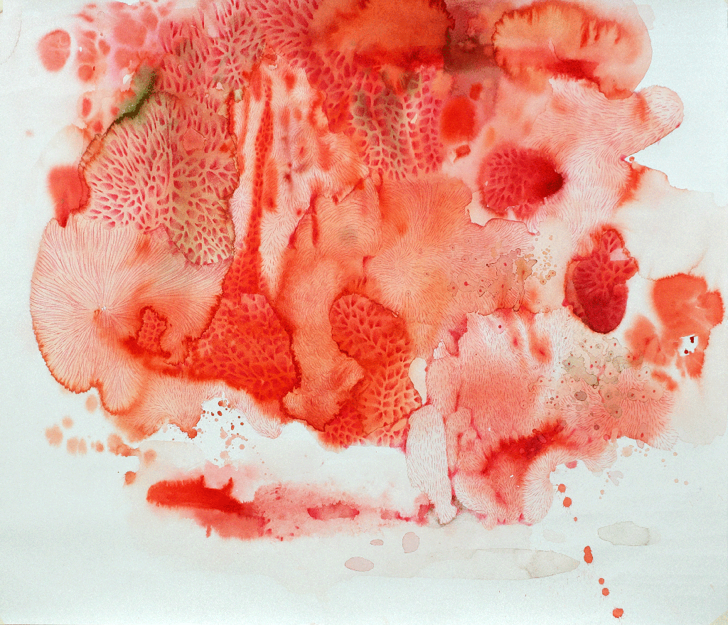 alt="Semi-abstract watercolor painting blending organic forms and nature inspired by the subconscious.