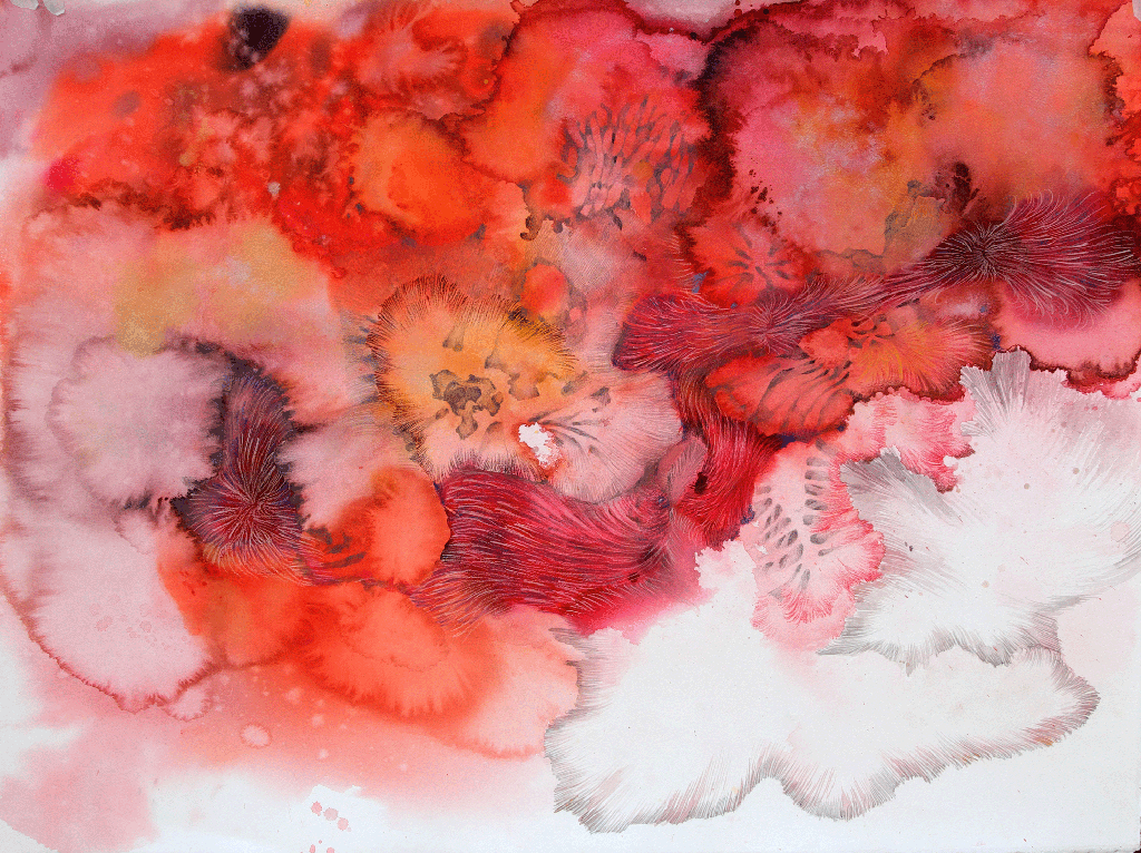 alt="Semi-abstract watercolor painting blending organic forms and nature inspired by the subconscious.