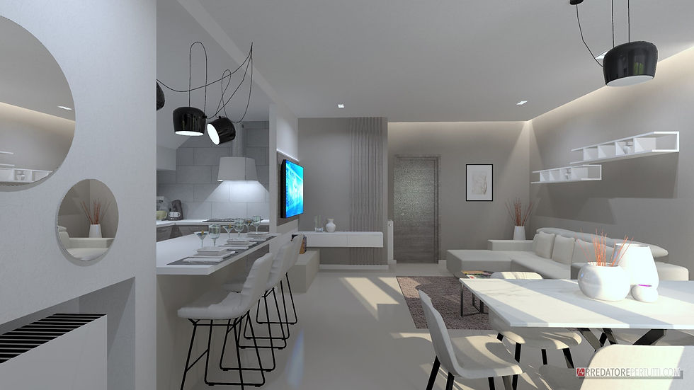Esempio di progetto da planimetria a rendering, cucina e soggiorno open space.