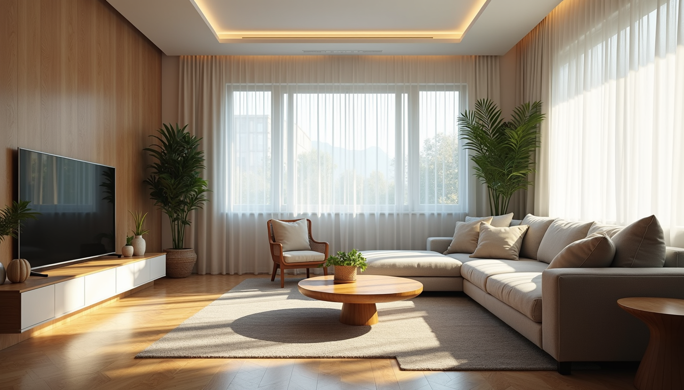 Eye-level view of a modern living room with natural light