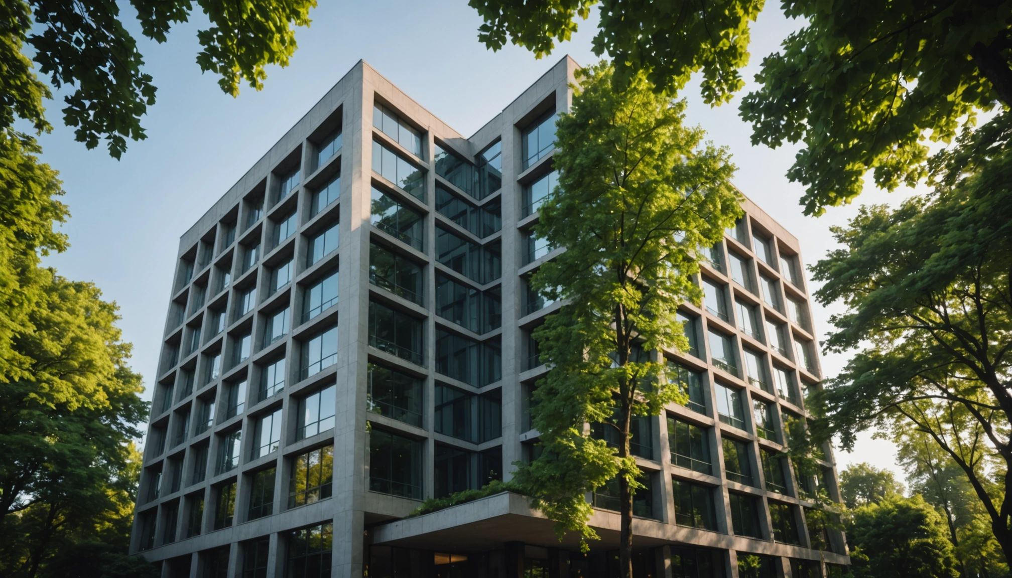 Low angle view of a contemporary building surrounded by trees