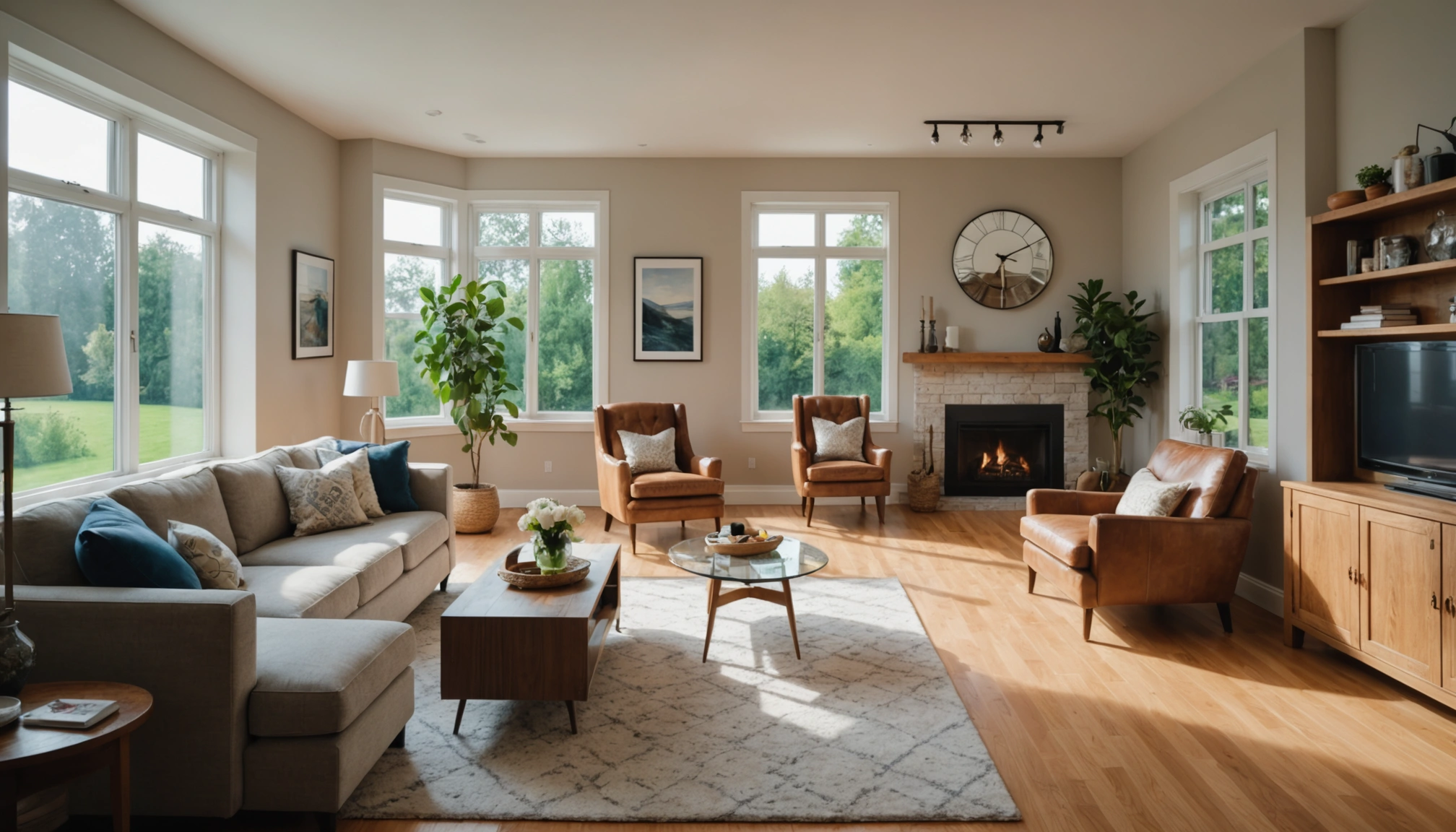 Wide angle view of a beautifully staged living room with ample natural light