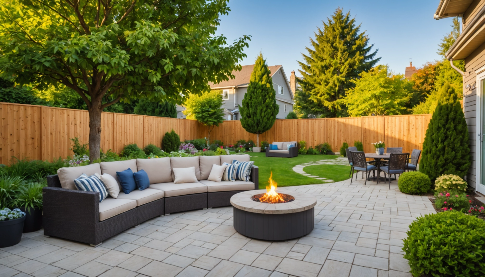 Wide angle view of landscaped backyard with seating area