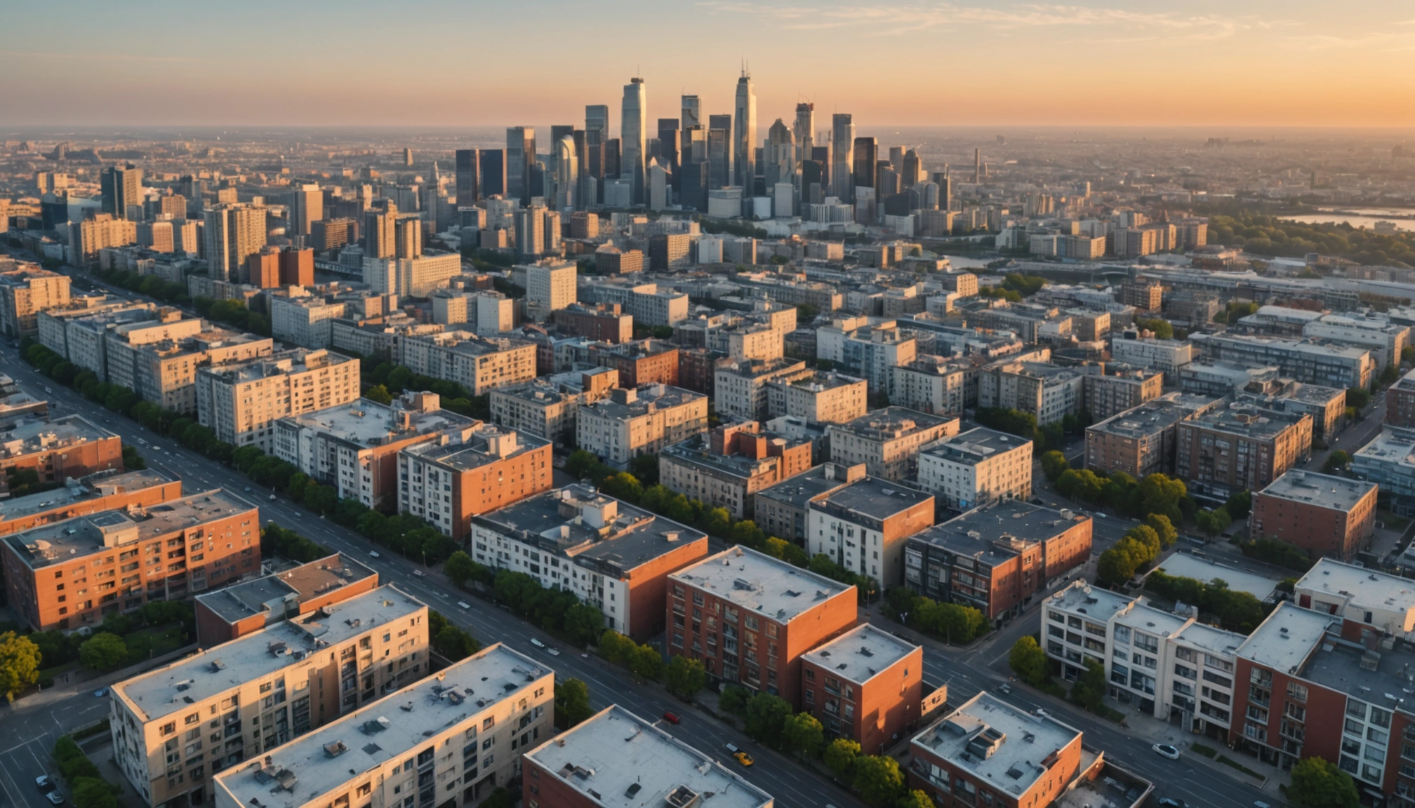 High angle view of urban skyline overlooking a residential area