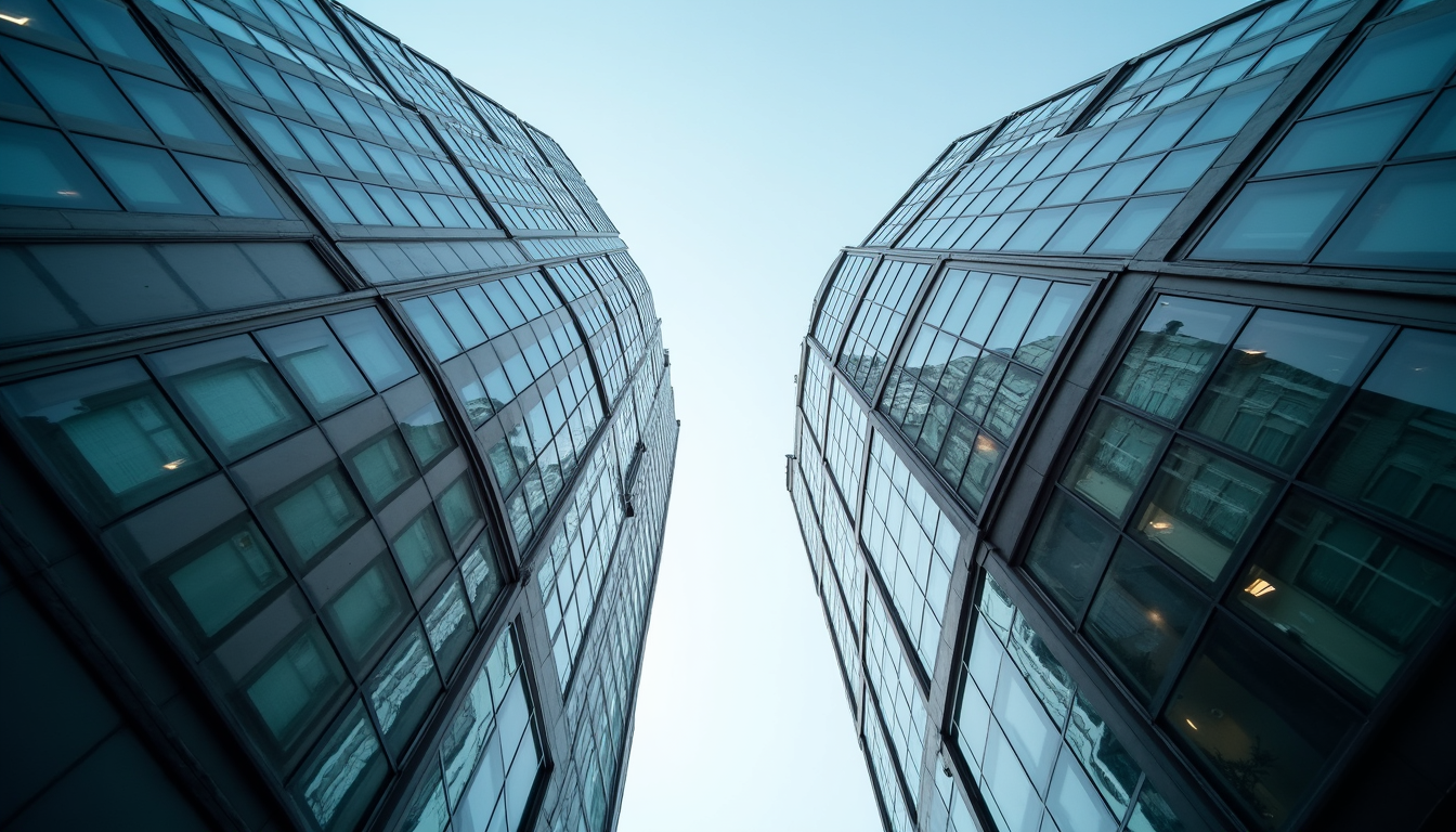 Eye-level view of a modern urban real estate office building