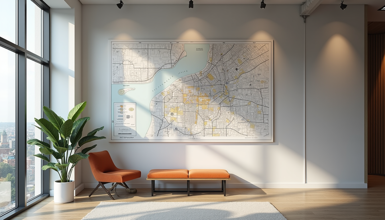 Eye-level view of a modern real estate office with a city map on the wall