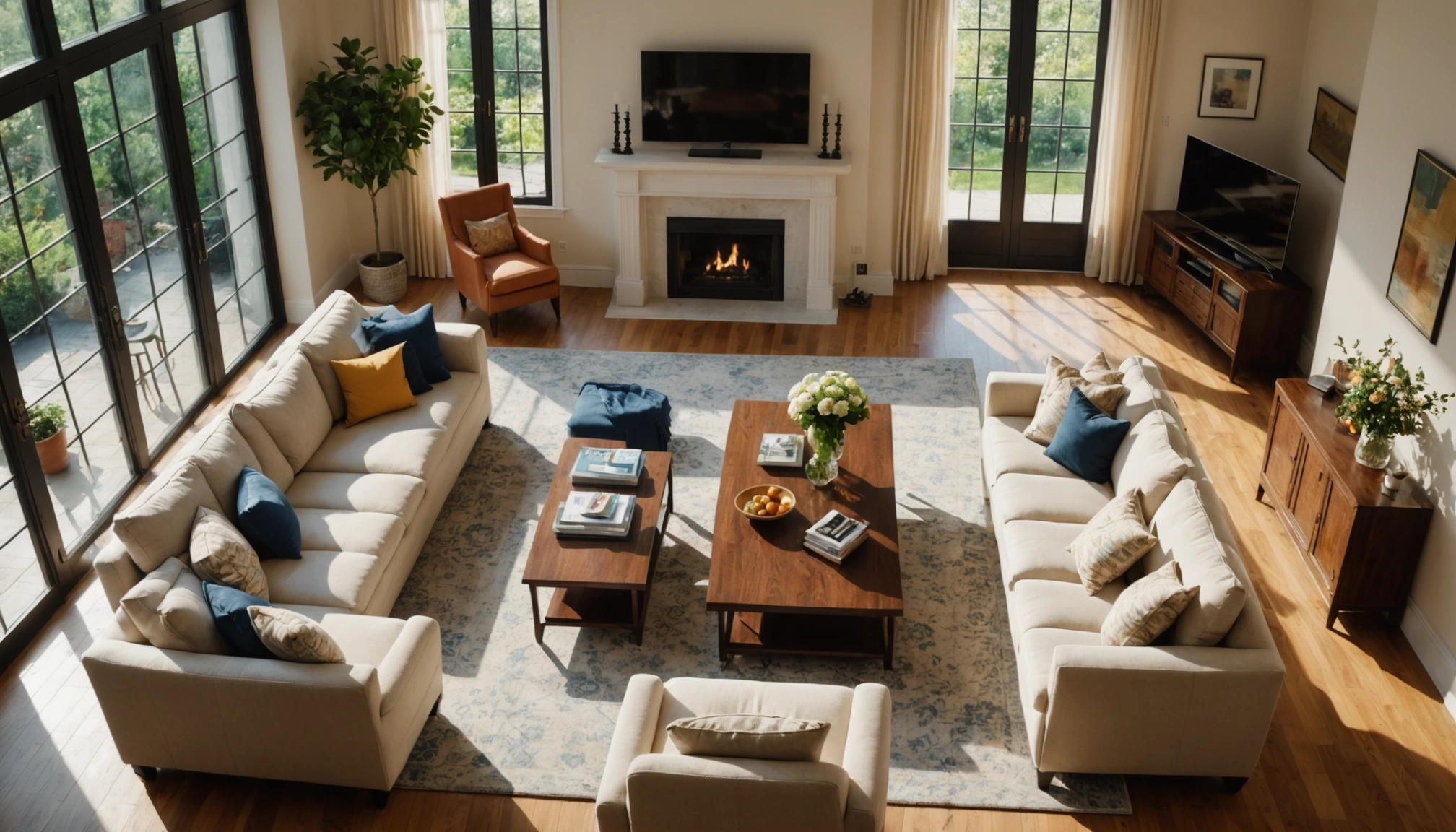 High angle view of an elegant living room with natural lighting