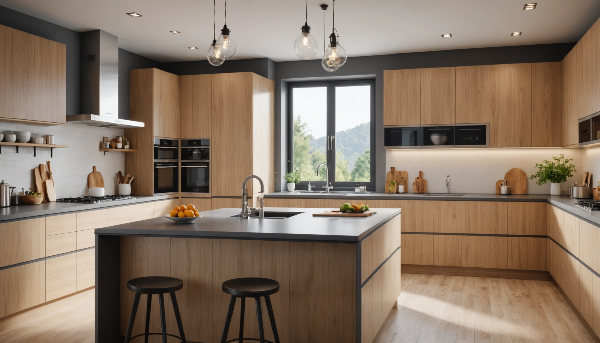 Eye-level view of modern kitchen with ample natural light