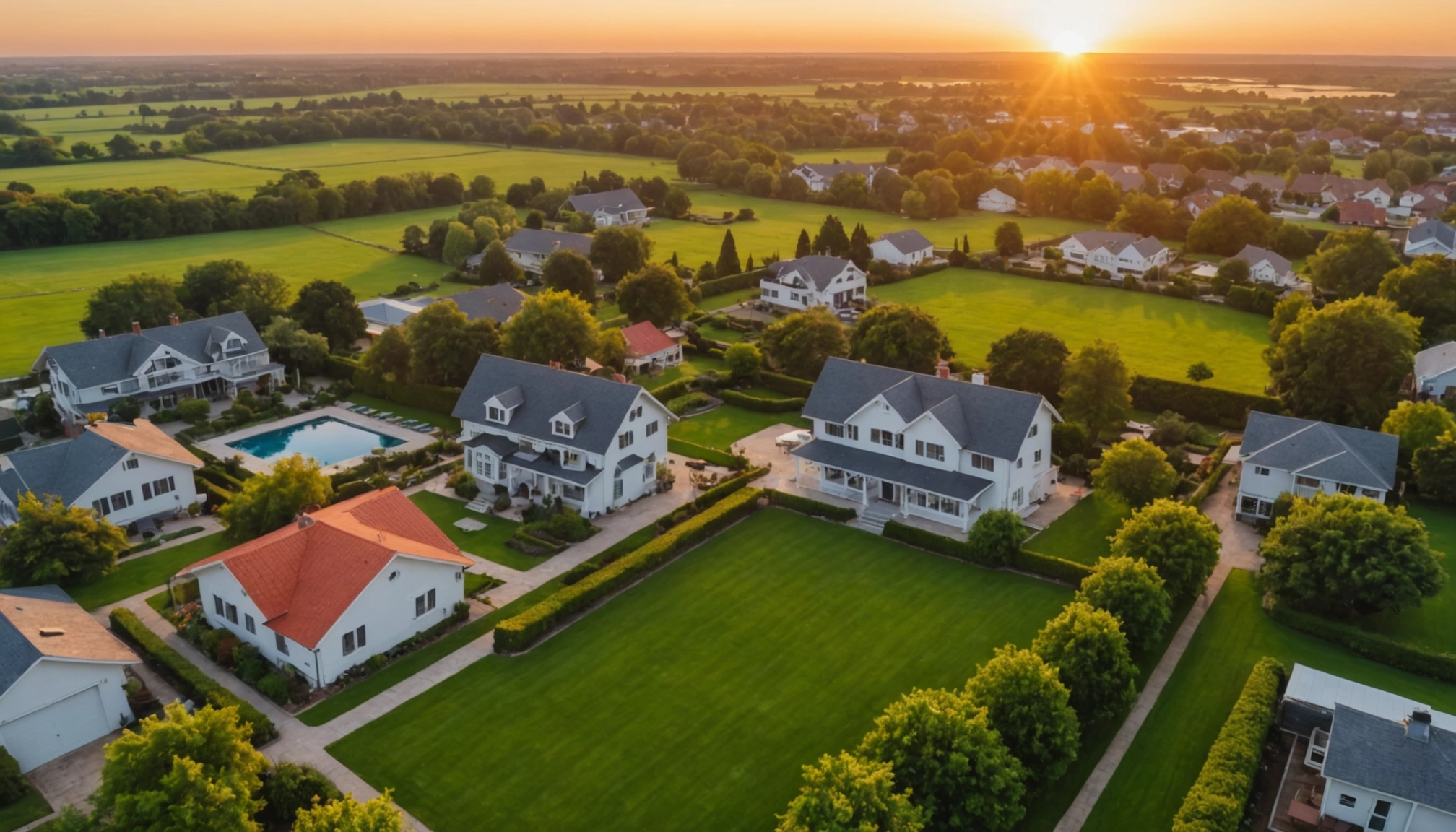 High angle view of a beautiful property with a sunset backdrop