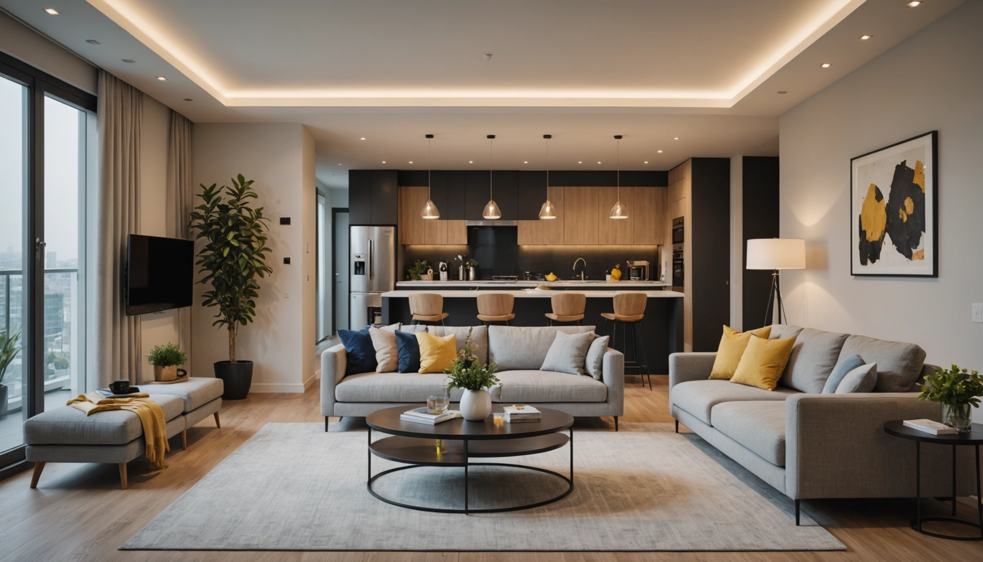 Eye-level view of a modern apartment interior showcasing stylish décor