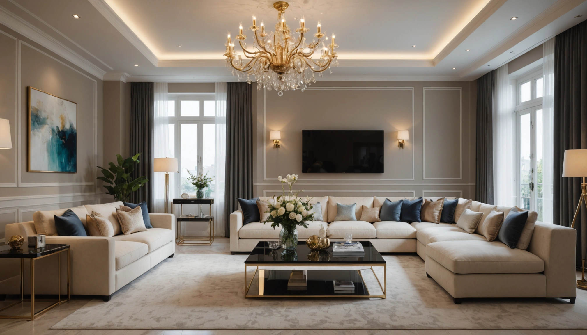 Wide angle view of an elegantly designed luxury living room