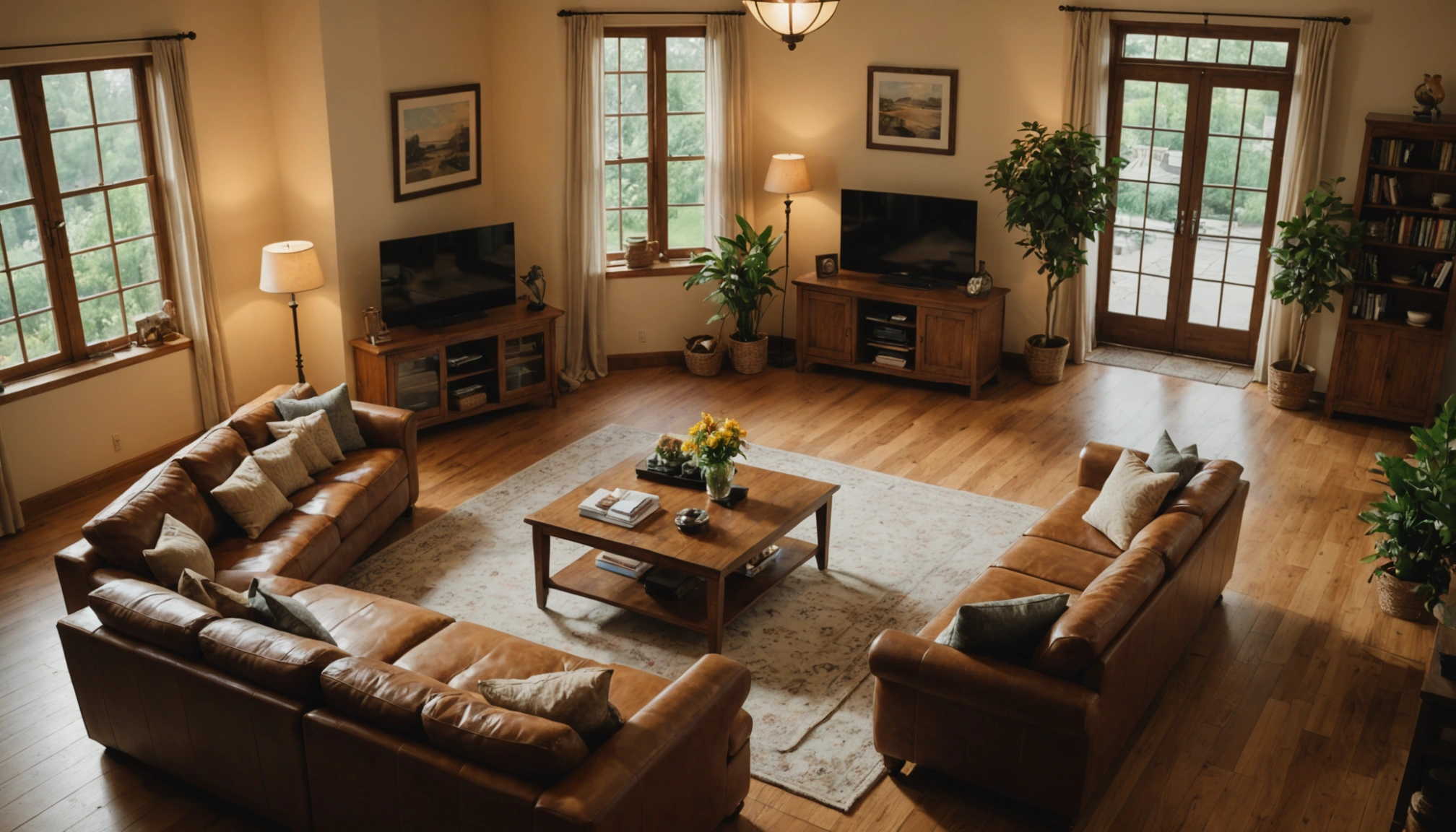 High angle view of a well-lit living room showcasing inviting space