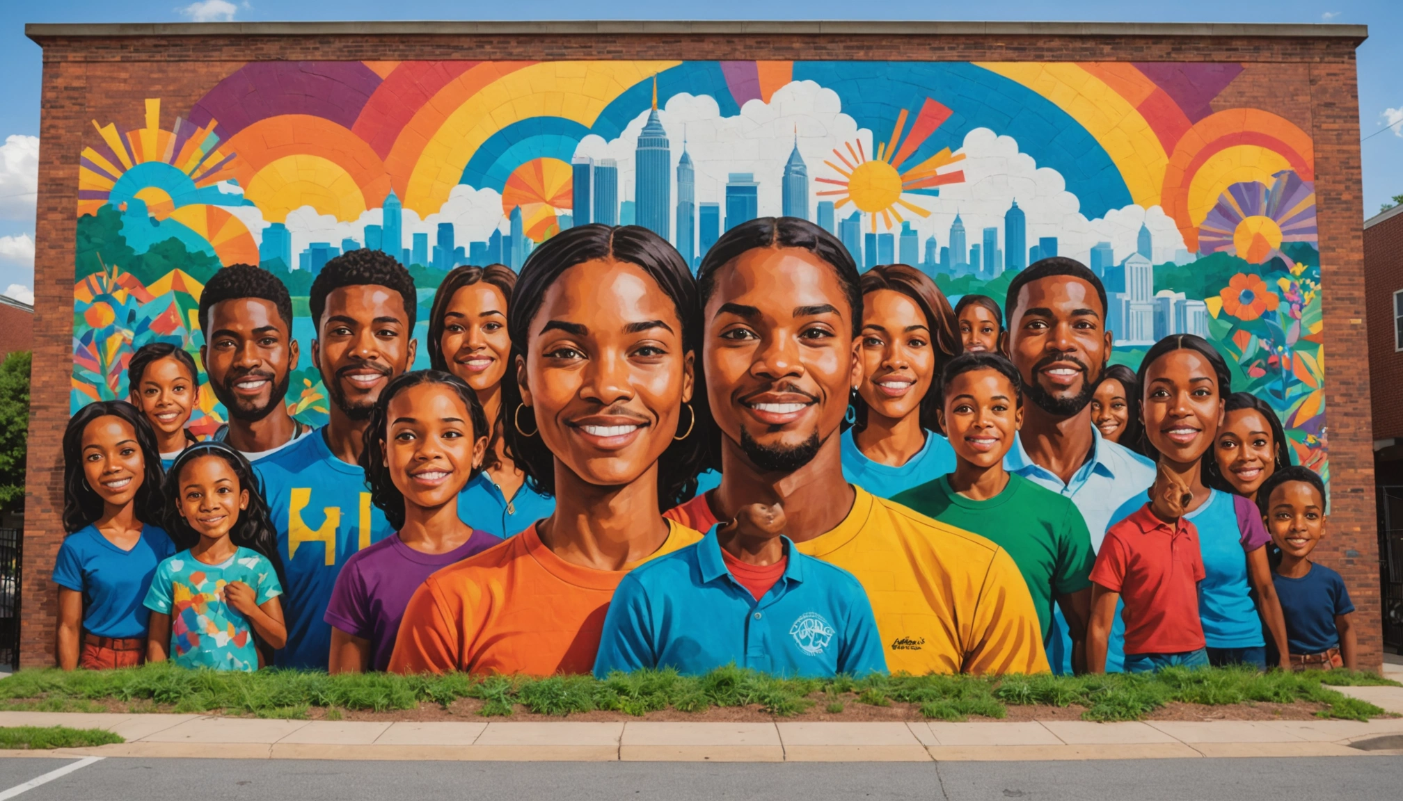 Wide angle view of a colorful mural representing community spirit in Atlanta