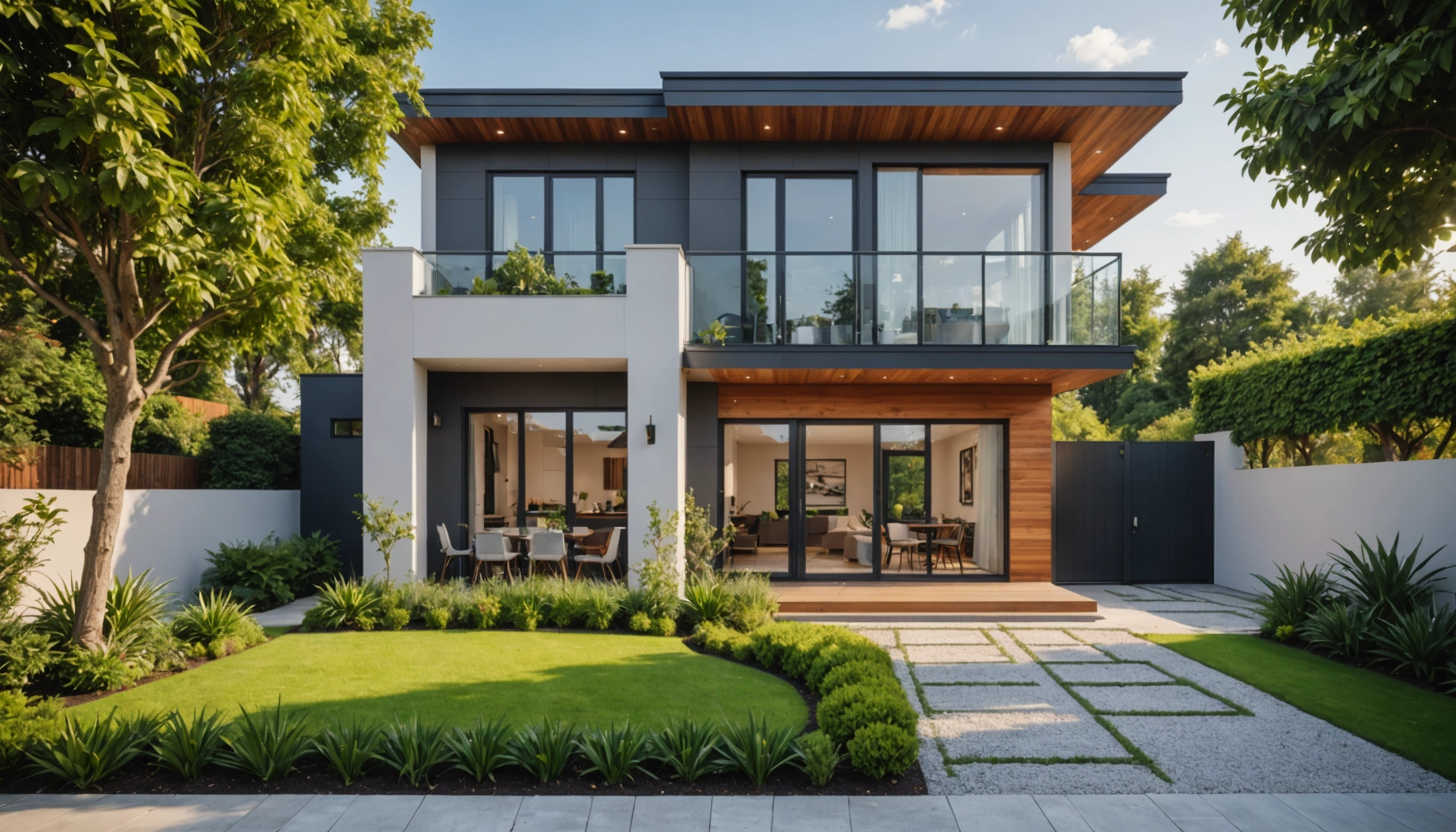 Wide angle view of a modern home exterior with a beautiful garden