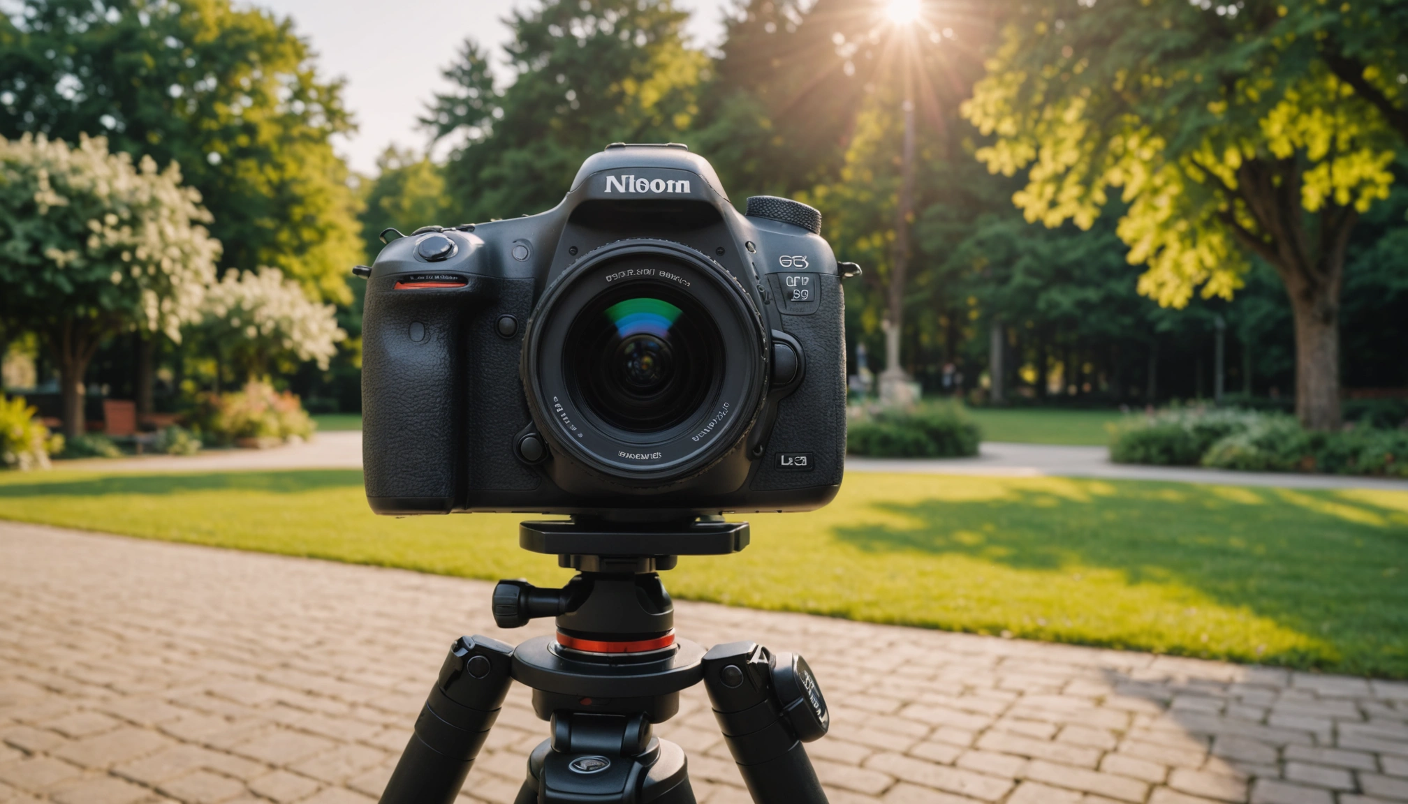 Eye-level view of a professional headshot setup in an outdoor location