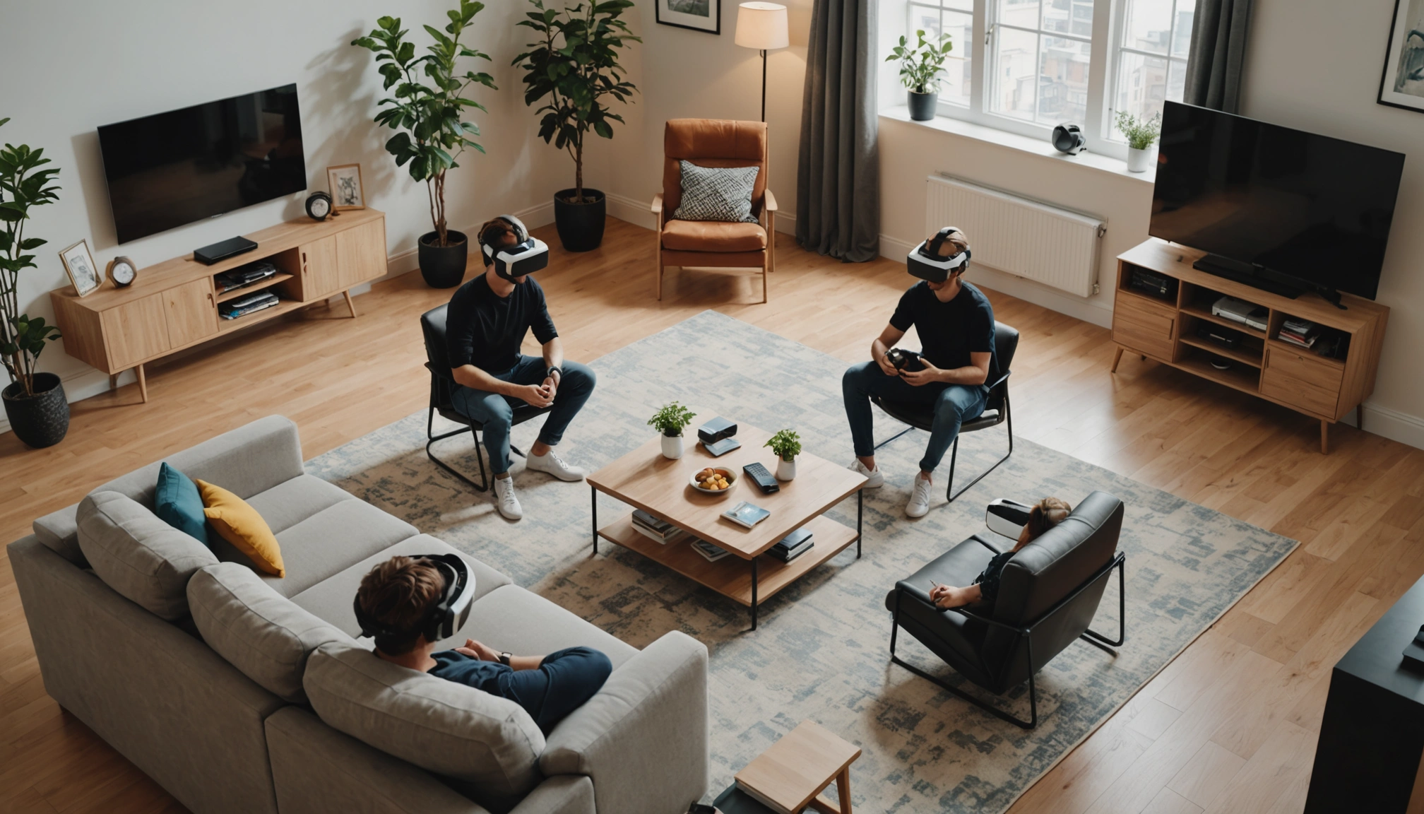 High angle view of a modern living room with virtual reality setup