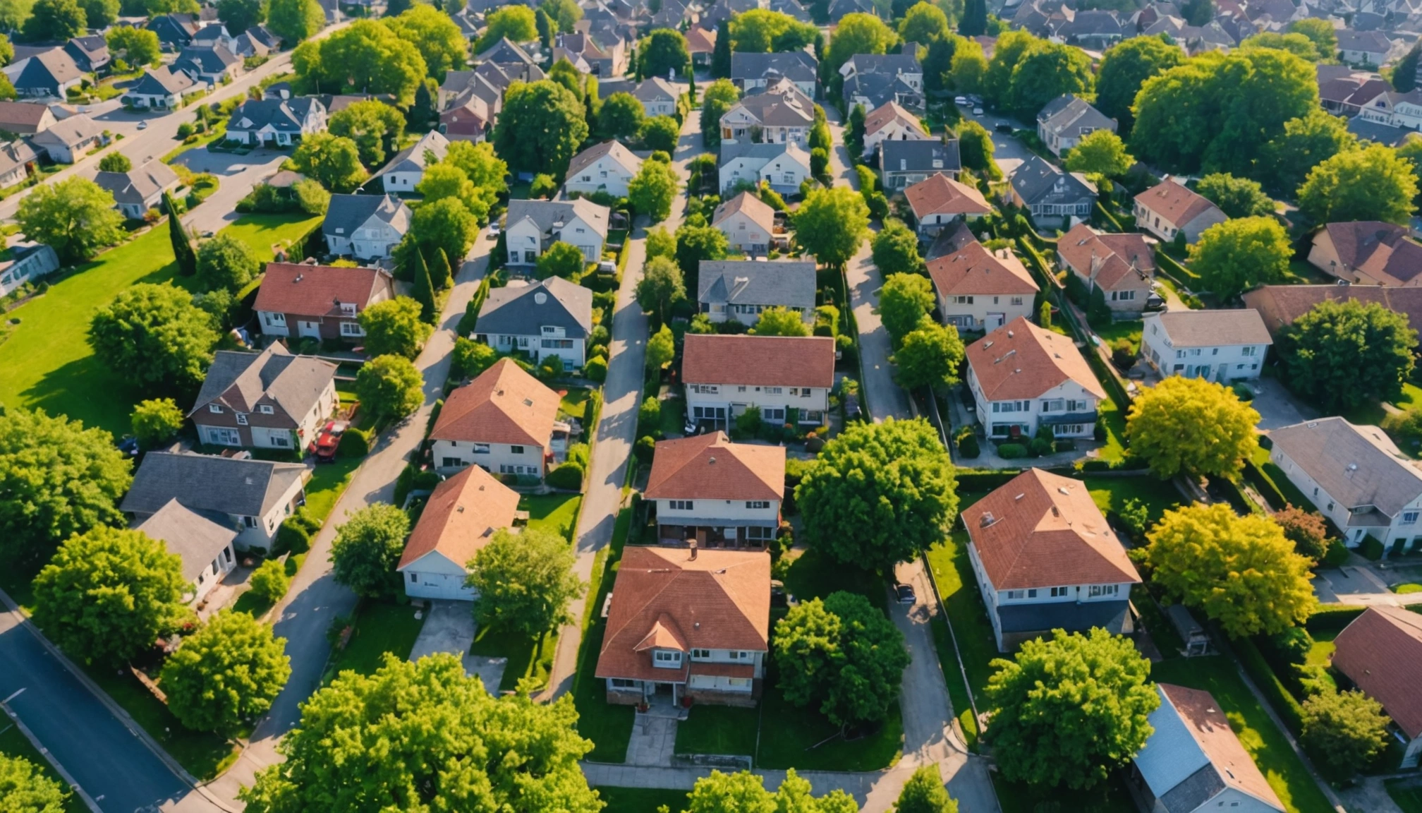 High angle view of a neighborhood with houses and gardens