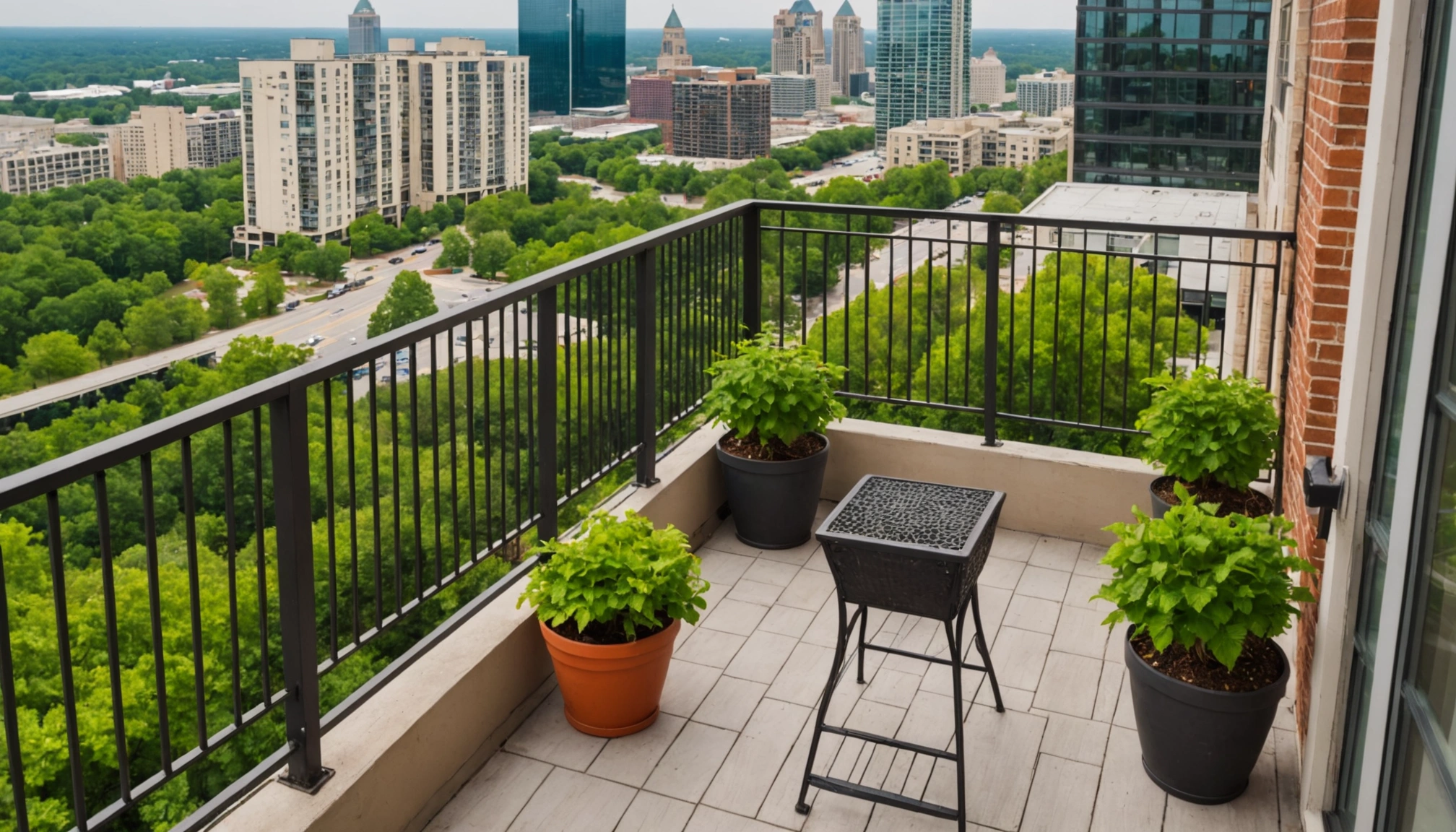 High angle view of a modern apartment balcony overlooking Atlanta