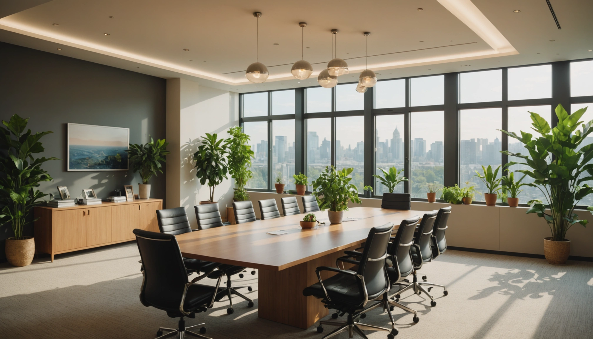 Eye-level view of an inviting, sunlit conference room with plants