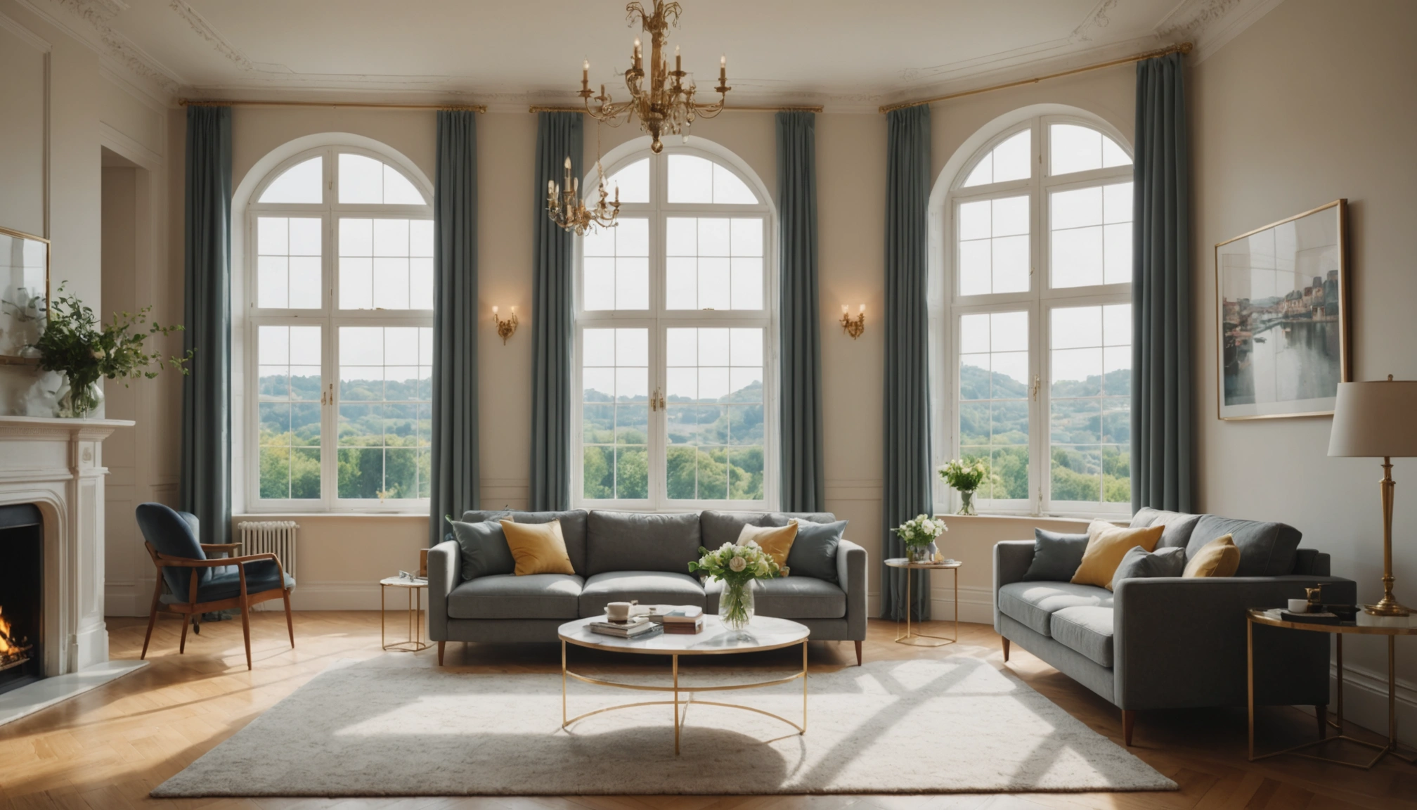 Wide angle view of a bright window showcasing an elegant living room