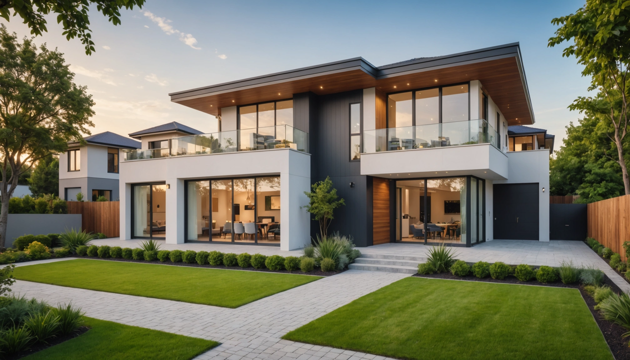 Wide angle view of a modern home with appealing architecture and landscaping