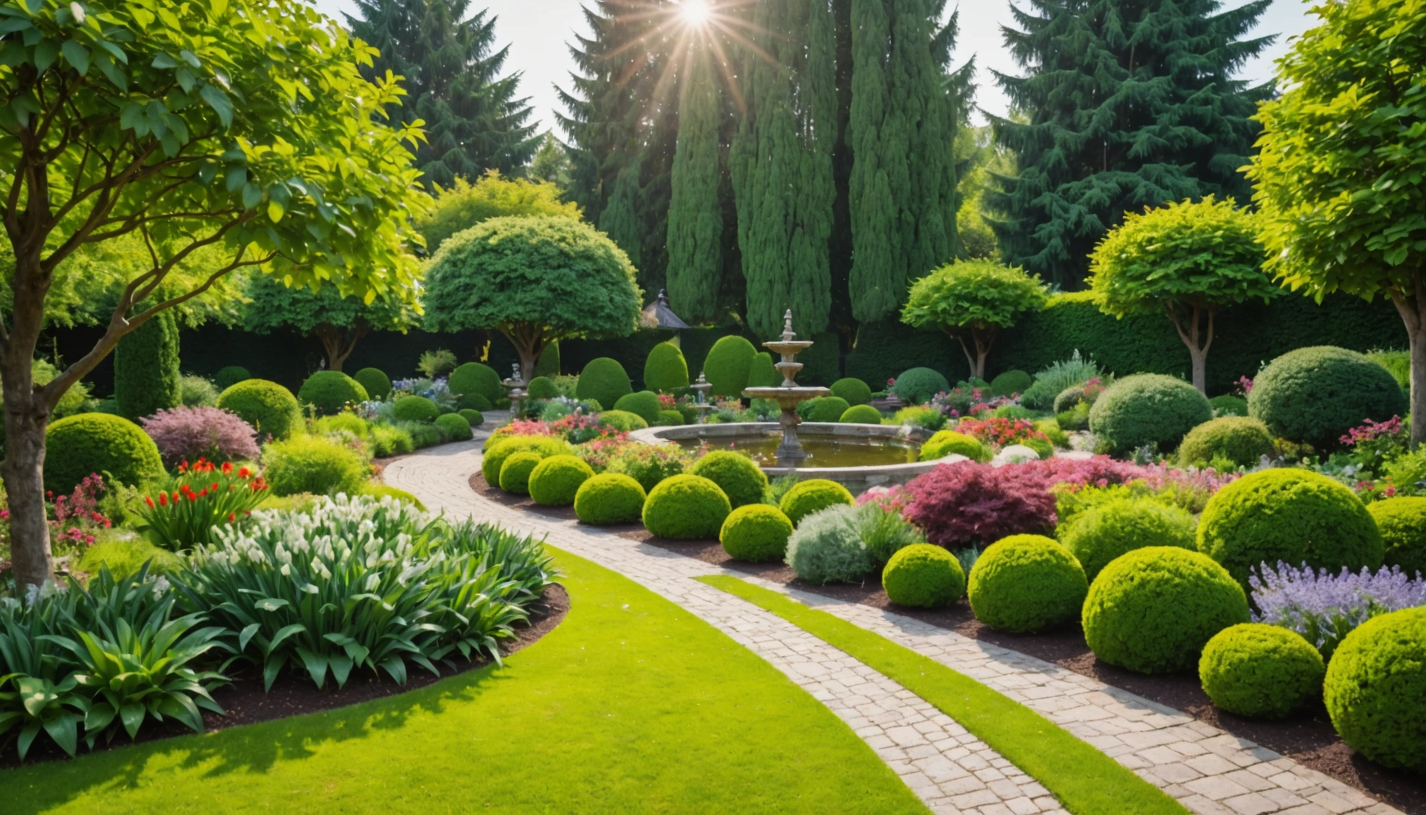 Wide angle view of a beautifully landscaped garden