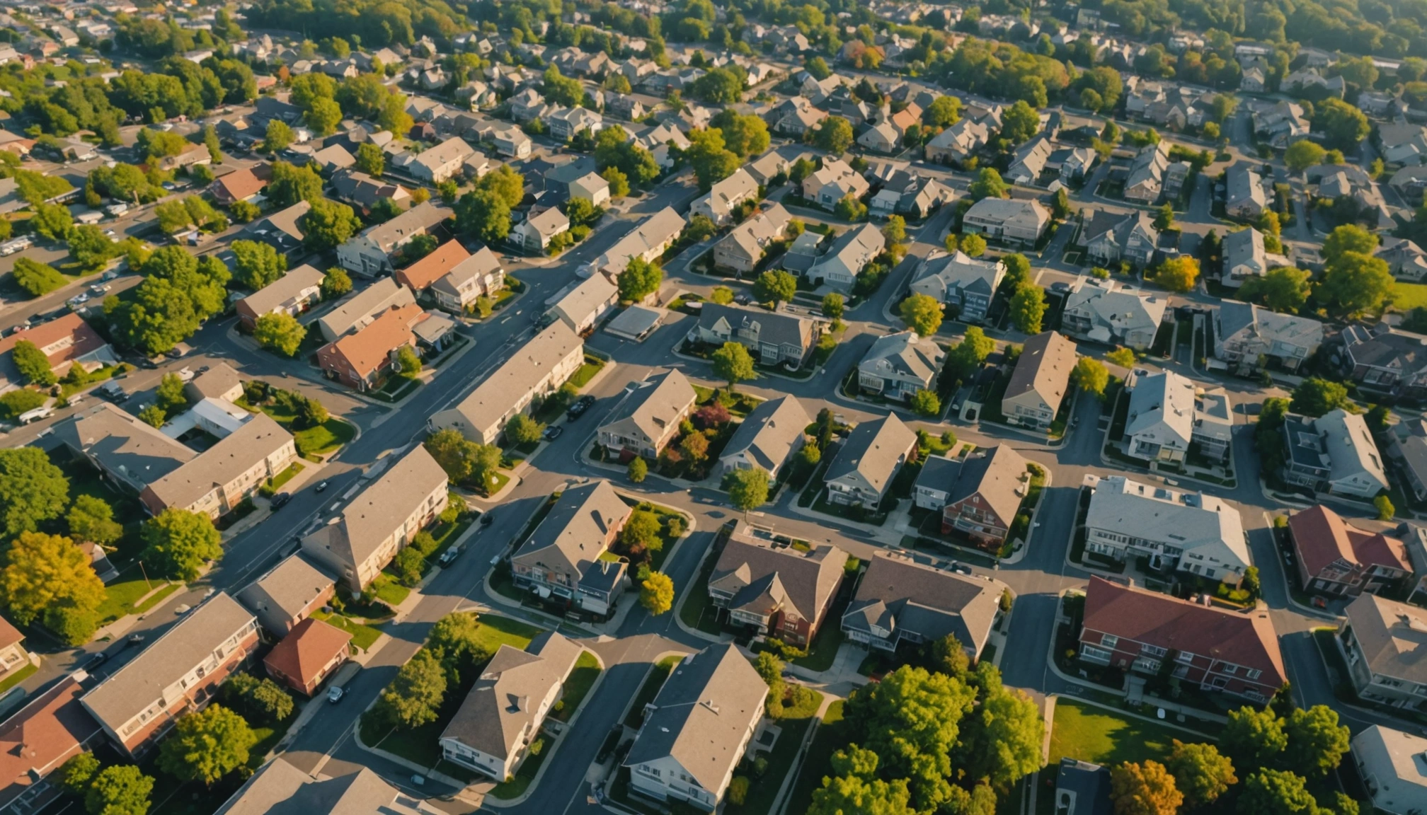 High angle view of a sprawling neighborhood showcasing nearby attractions