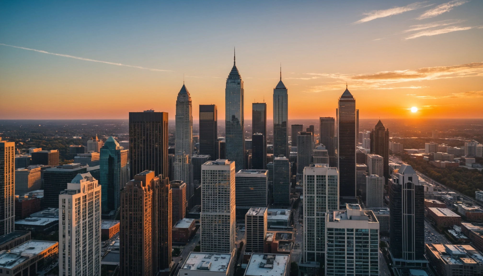 Close-up view of a stunning Atlanta skyline at sunset
