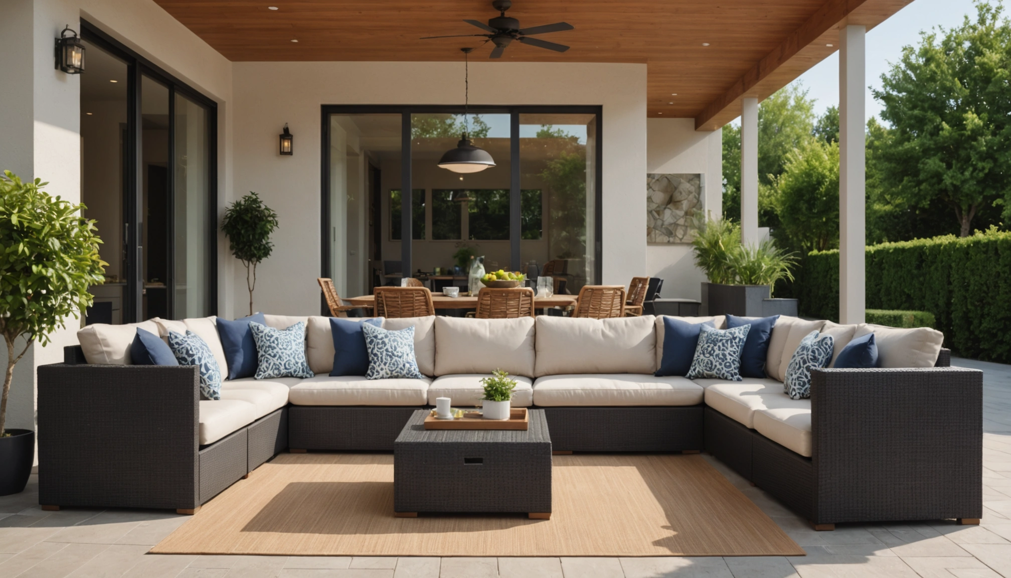 Eye-level view of an outdoor patio with modern furnishings