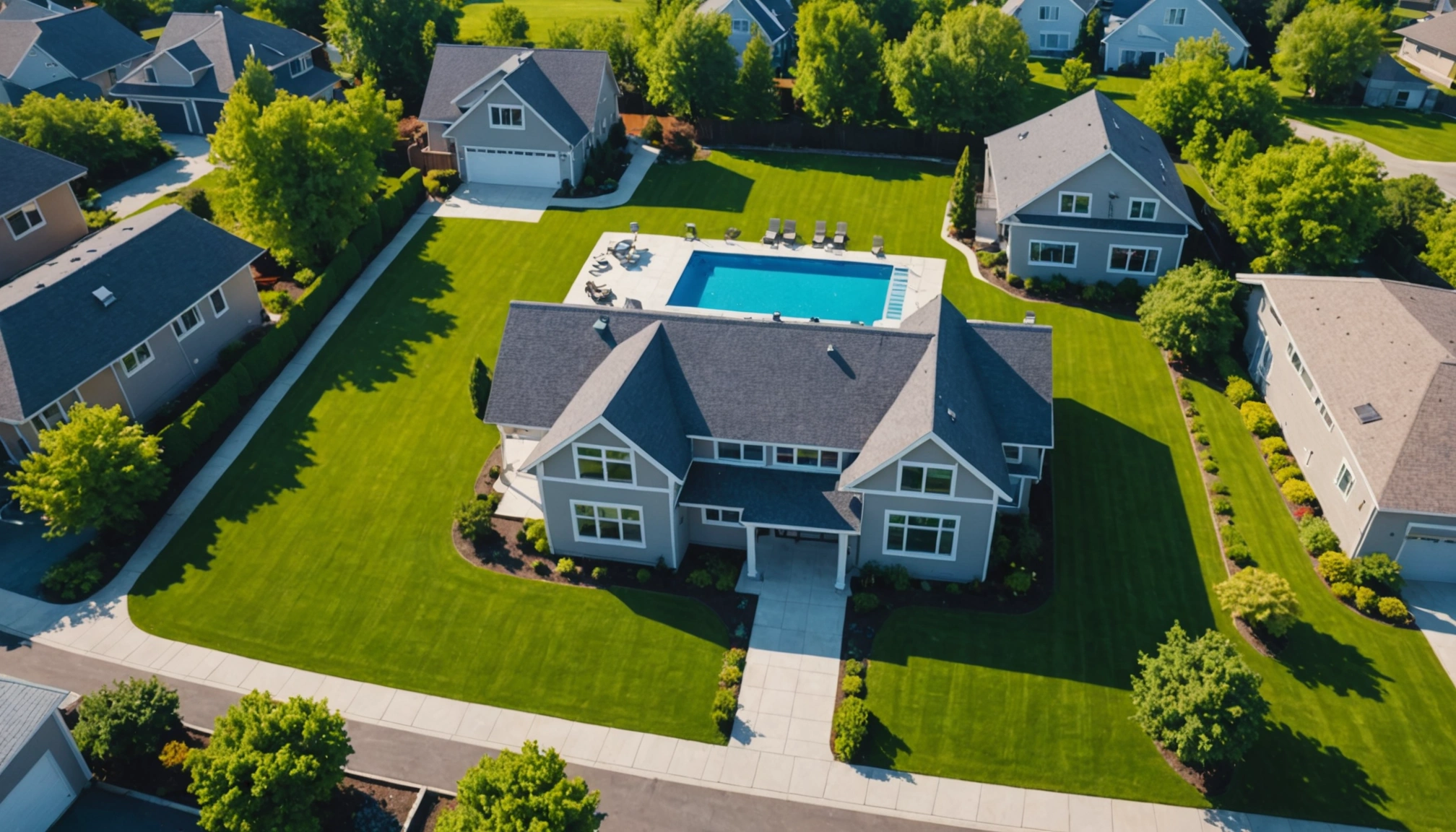 Bird's eye view of a modern home with a spacious backyard