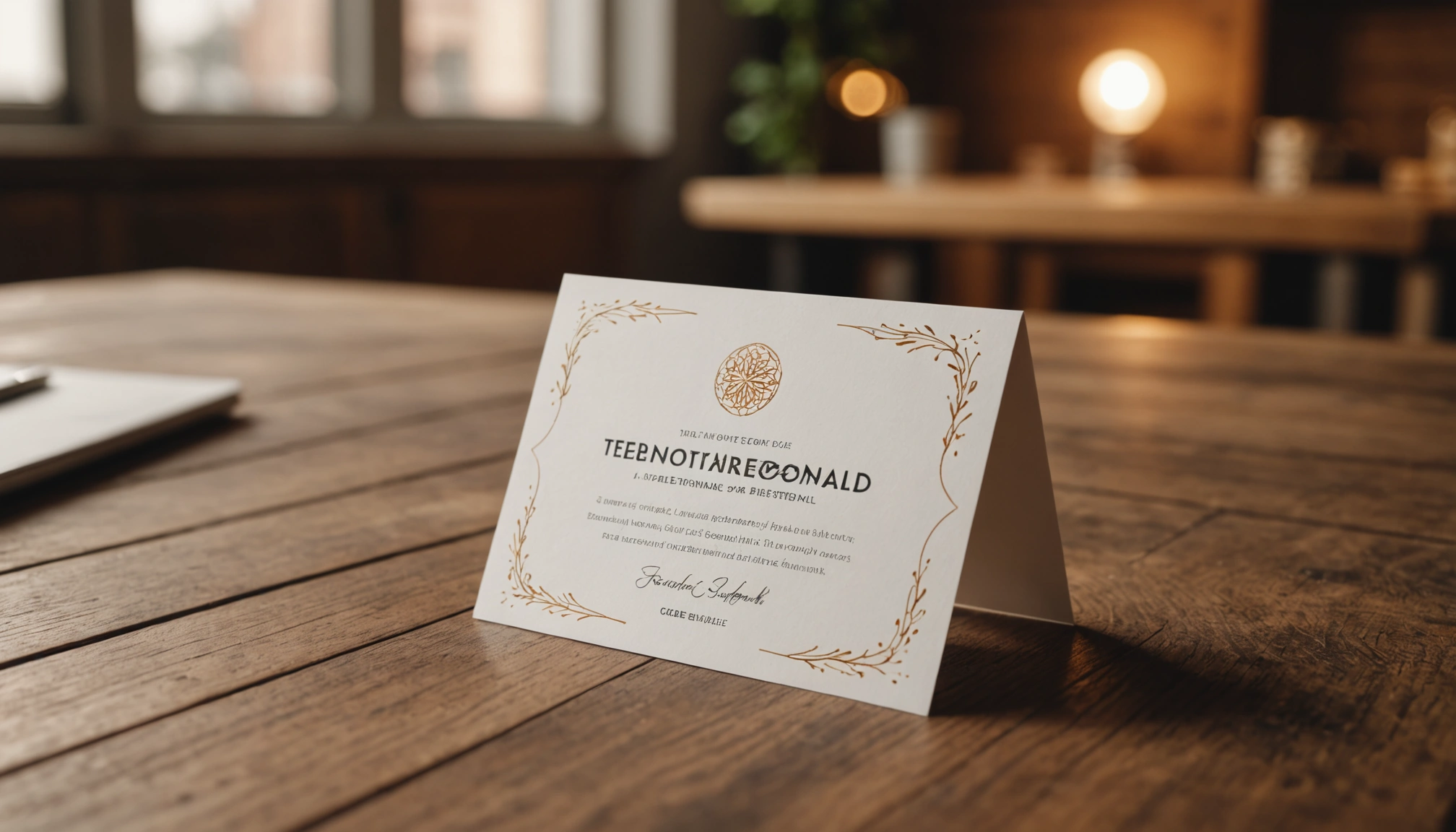 Eye-level view of a testimonial card on a wooden table