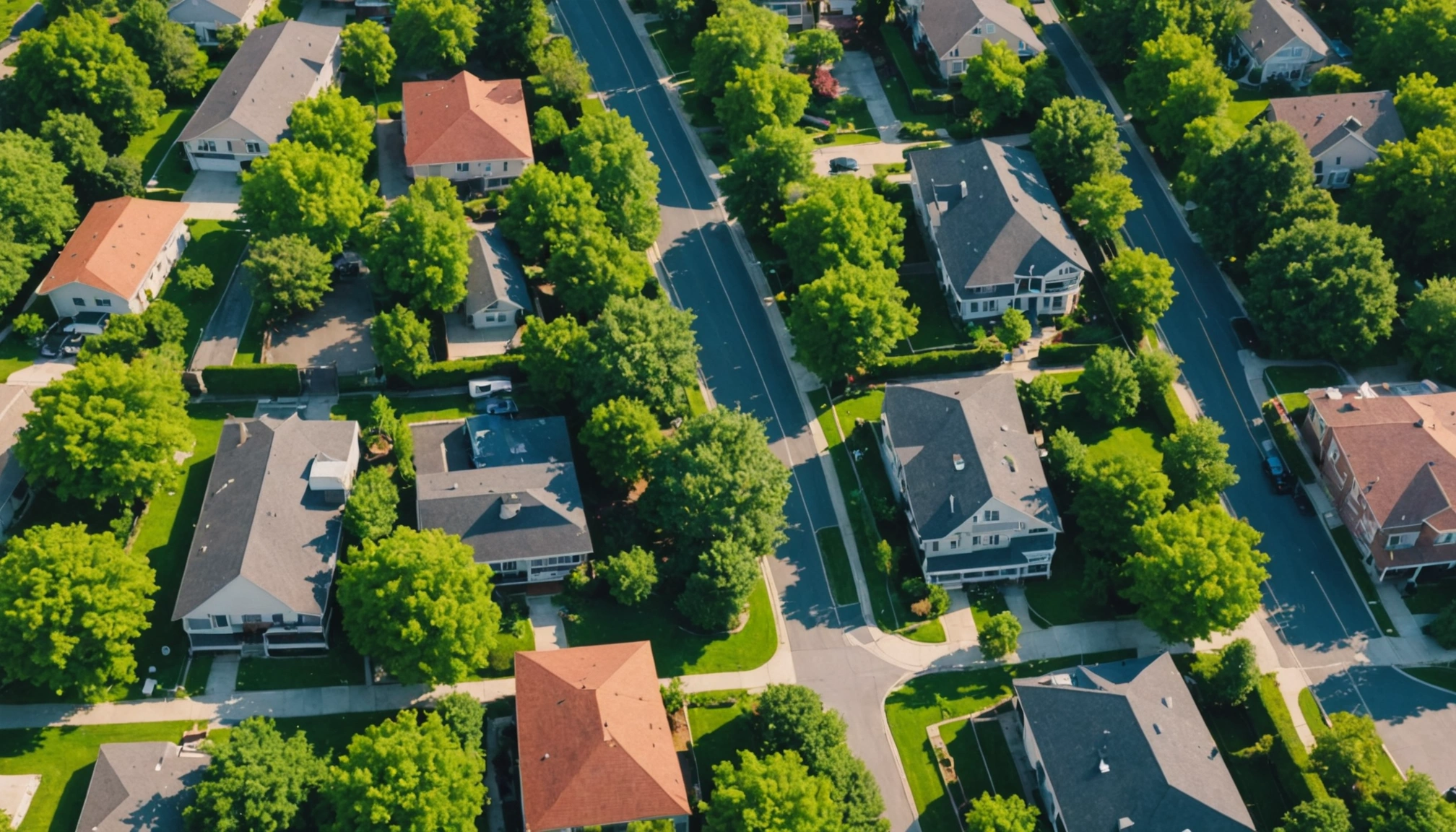 High angle view of a neighborhood showcasing homes and greenery