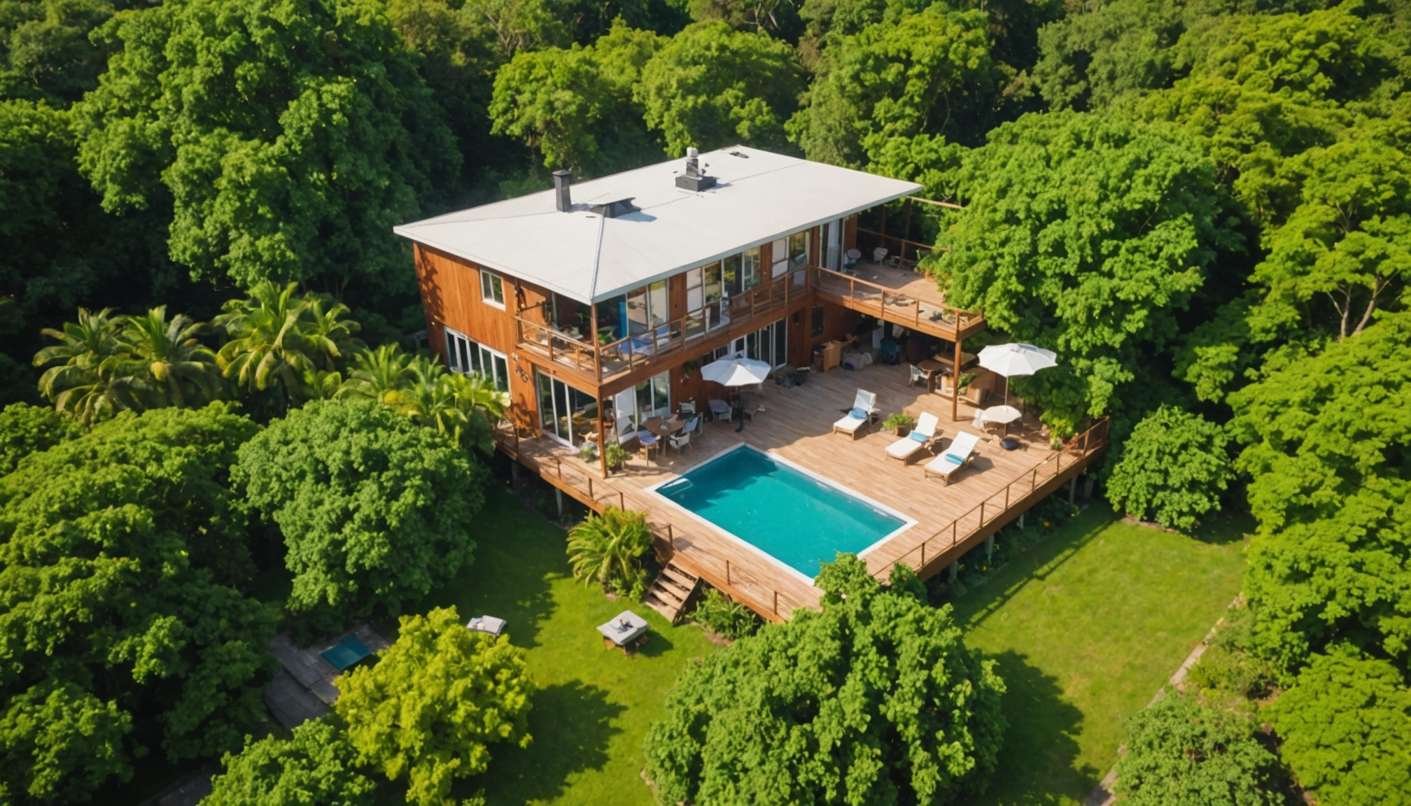 High-angle view of a vibrant exterior of an Airbnb property surrounded by greenery