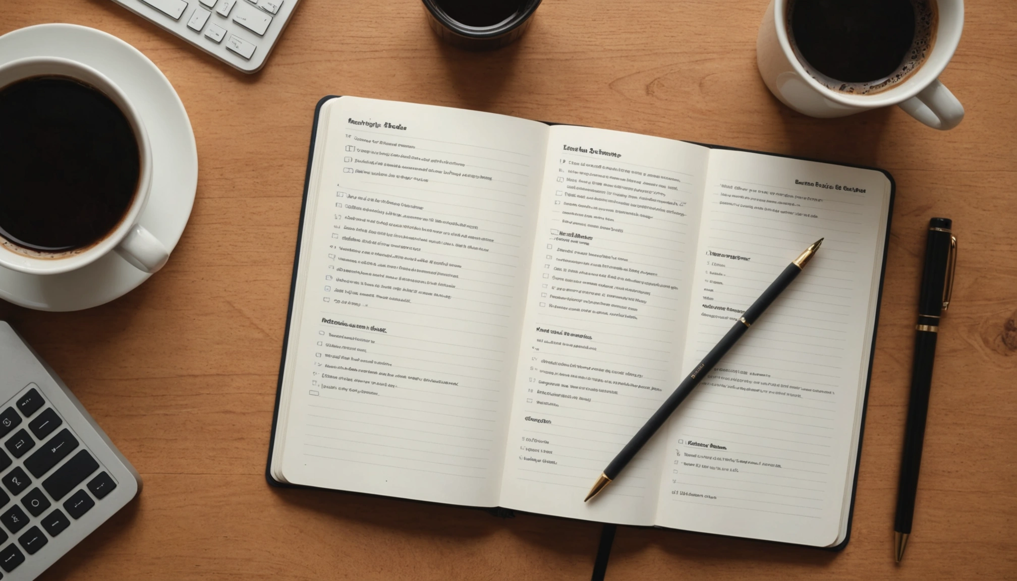 High angle view of a notebook filled with marketing strategies