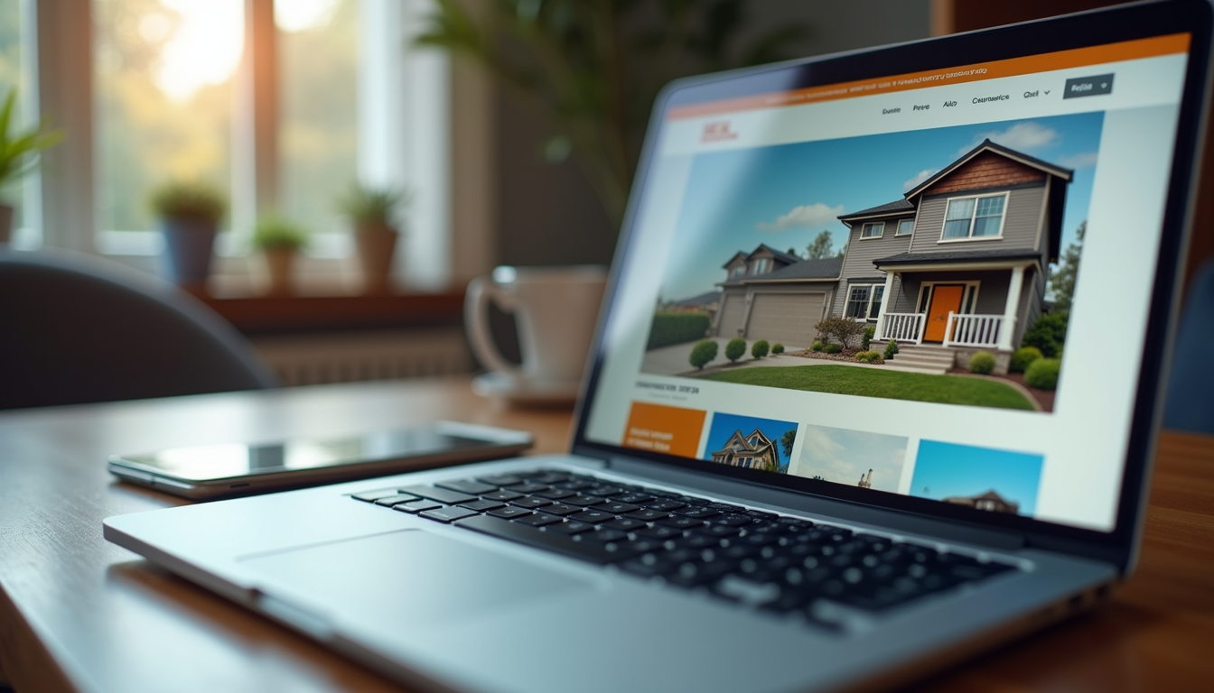 Close-up view of a laptop screen showing a real estate website with local listings