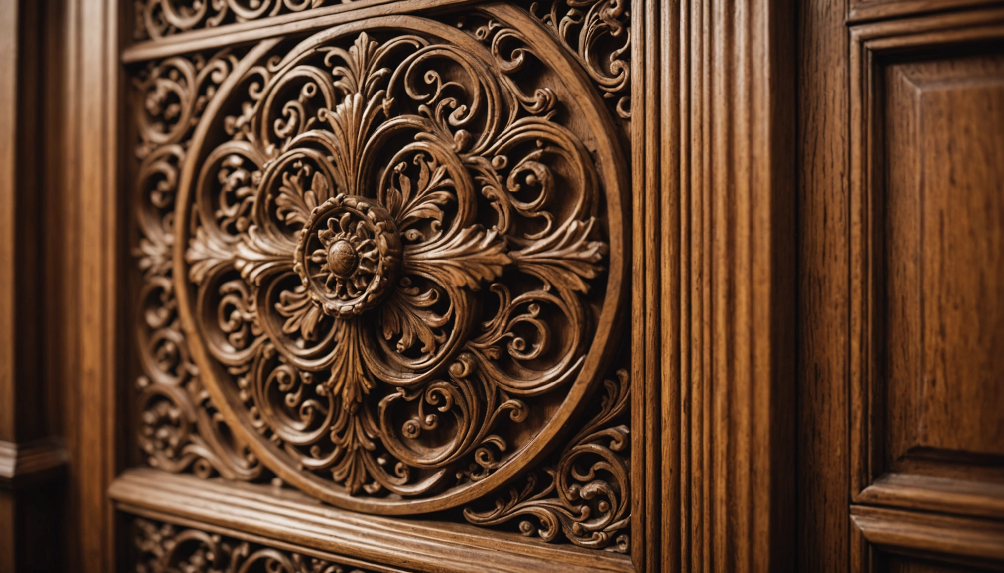Close-up view of intricate wooden details in a luxury home