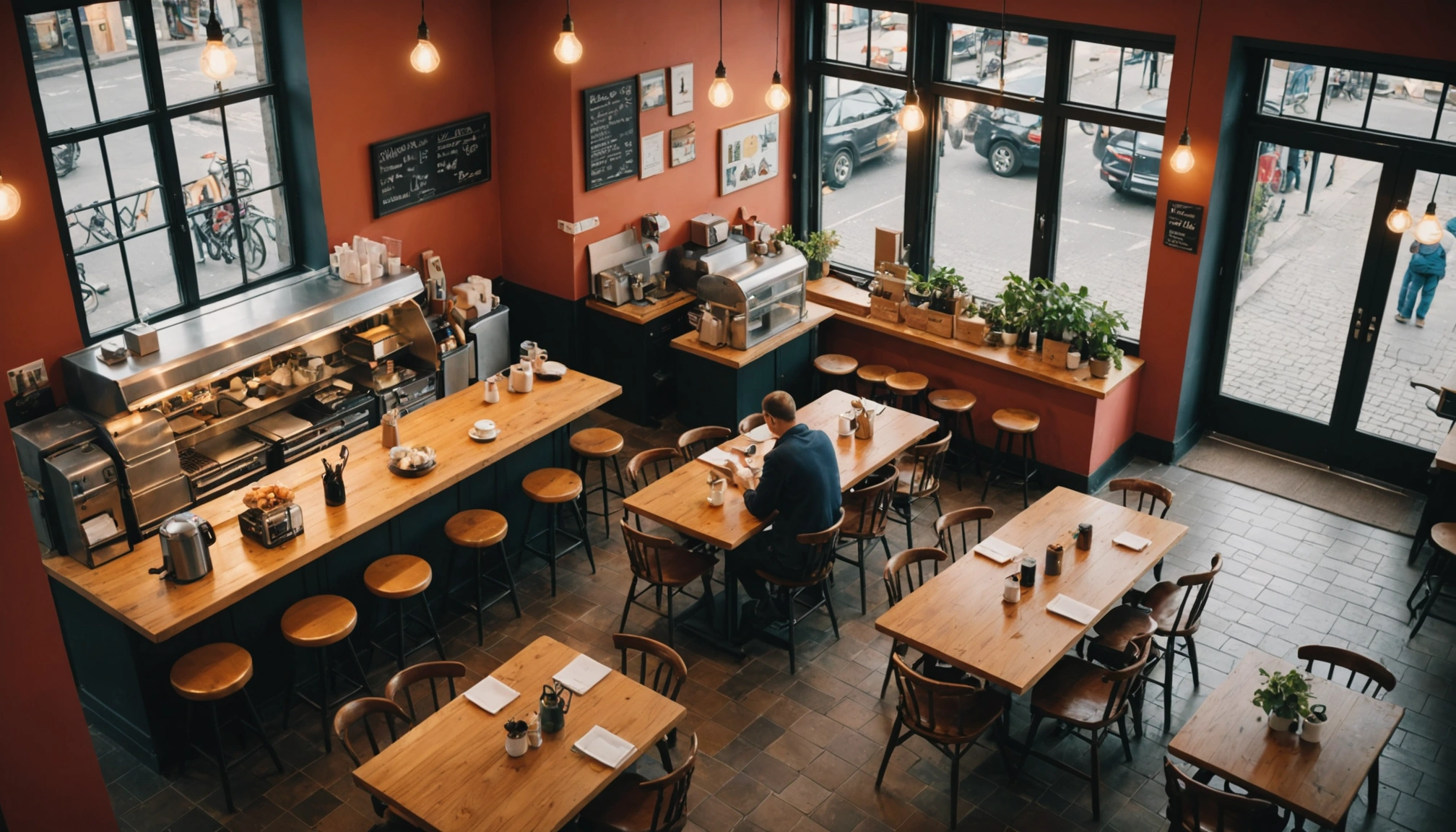 High angle view of a vibrant local café